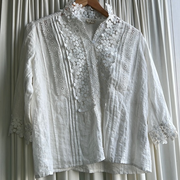 POL - size small - white blouse with intricate details around collar & sleeves - Picture 2 of 7